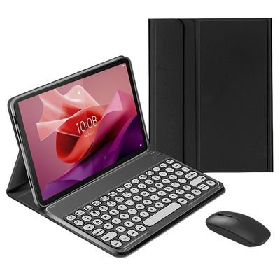 QYiiD Keyboard Case with Mouse for Lenovo Tab P12 Pro (2nd Gen) 12.7" 2024, Cute Round Key Detachable Wireless Keyboard & & PU Folio Stand Cover Case for 12.7 inch Lenovo Tab P12 2023, Black