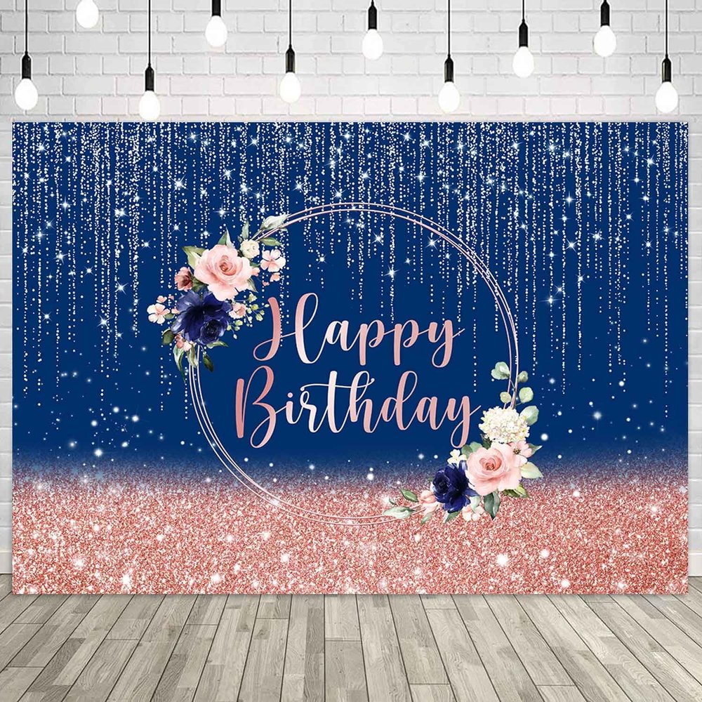 Ayayiya Navy Rose Gold Happy Birthday Backdrop for Girls Women Shining Dots Blush Pink Glitter Bokeh Photo Background Navy Blue Pink Floral Birthday Party Decorations Banner Photoshoot Props 7x5ft