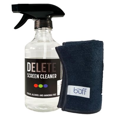 Delete Screen Cleaner Spray Kit, 16oz Bottle and 12"x12" Microfiber Cleaning Cloth, Streak-Free, Safe and Gentle Formula, Multi-Purpose for Devices, Large TVs, Computers, Monitors, Smart Phones
