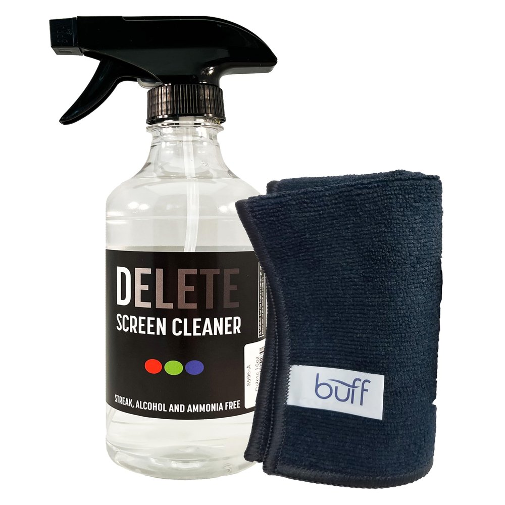 Delete Screen Cleaner Spray Kit, 16oz Bottle and 12"x12" Microfiber Cleaning Cloth, Streak-Free, Safe and Gentle Formula, Multi-Purpose for Devices, Large TVs, Computers, Monitors, Smart Phones