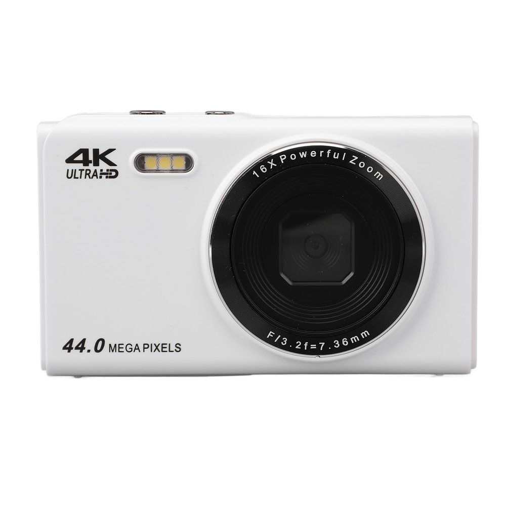 4K 44MP Digital Camera 16x Digital Zoom Camera 4K Video Recording 2.4 Inch Full Display Screen Compact Camera Ideal for Photography Travel Vlogging (White)