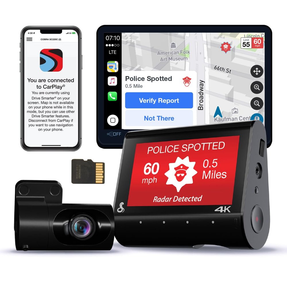Cobra Smart Dual View Front and Rear Dash Cam (SC 250R)  True 4K Resolution, 360 Alerts, Parking Live View, Incident Reports, Emergency MayDay, 32 GB SD Card Included, CarPlay & Android Auto