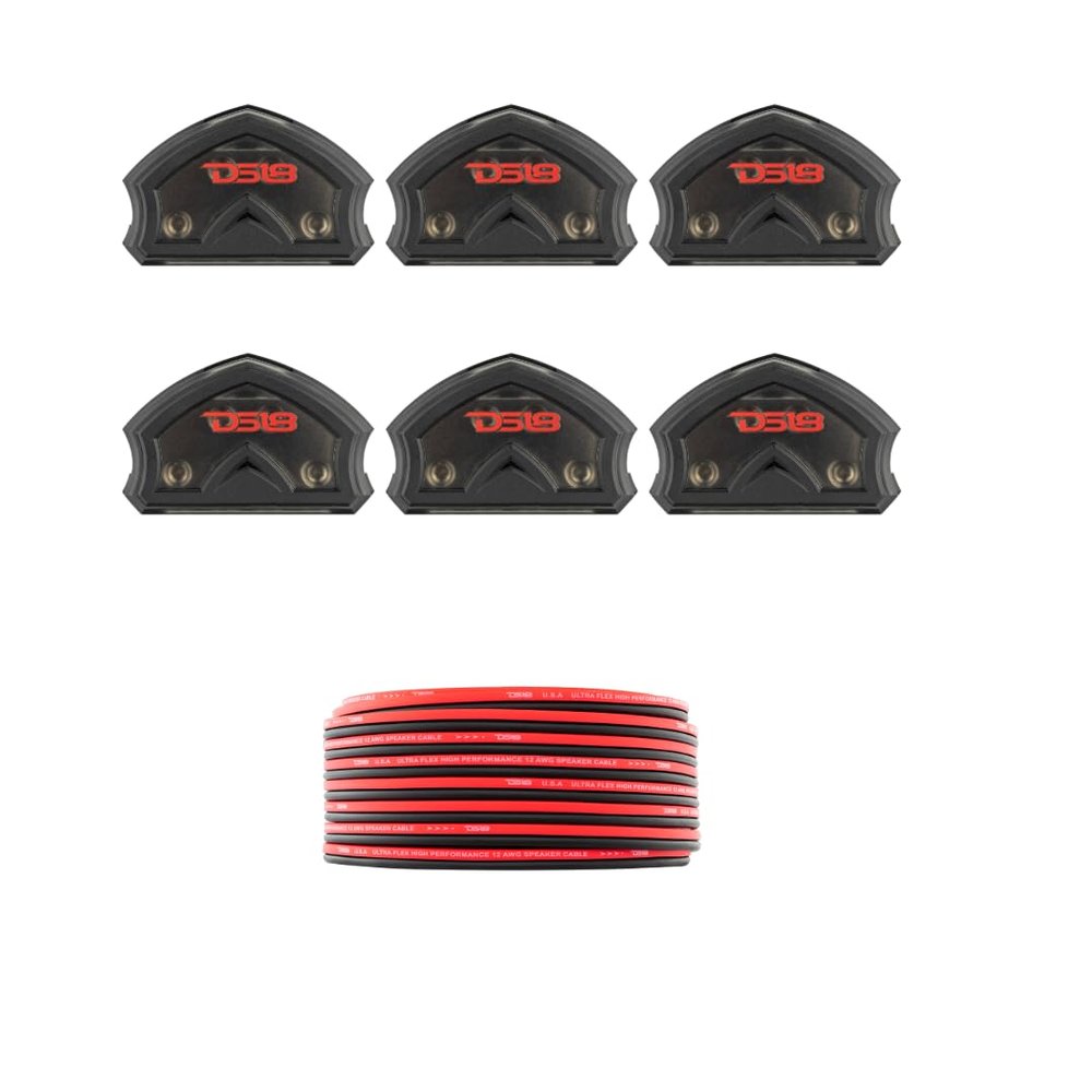 DS18 Speaker Cable for Audio Applications 12-GA Ultra Flex Wire Red and Black 100FT + 6X Distribution Block 2X 0-GA in 4X 0-GA Out - Nickel Plated - Power Ground Distribution Block