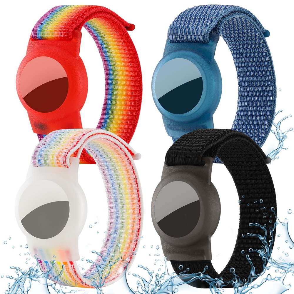 Waterproof Bracelet for Airtag (Gen 1 & 2) Kids 4 Pack, Soft Nylon Hidden Air Tag Wristband Full Cover Lightweight GPS Holder Compatible with Apple AirTag Band for Toddler Child (Black/Blue/2 Rainbow)