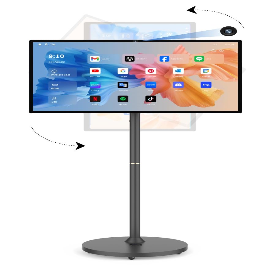 BFSign 32 inch portable tv on wheels,8G +128G,8-core qualcomm cpu rolling tv with 4K camera, 1080p built-in battery(4-6h),android 13 OS, full swivel rotation