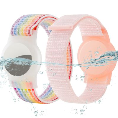 Waterproof Bracelet for Airtag (Gen 1 & 2) Kids 4 Pack, Soft Nylon Hidden Air Tag Wristband Full Cover Lightweight GPS Holder Compatible with Apple AirTag Band for Toddler Child (Light Rainbow/Pink)