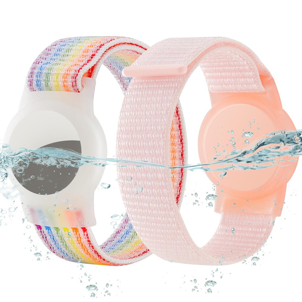 Waterproof Bracelet for Airtag (Gen 1 & 2) Kids 4 Pack, Soft Nylon Hidden Air Tag Wristband Full Cover Lightweight GPS Holder Compatible with Apple AirTag Band for Toddler Child (Light Rainbow/Pink)