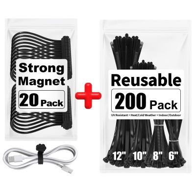 20 Pack Black Magnetic Cable Ties Cute Cloud Design + 200 Pack Reusable Zip Ties, Great for Bundling and Organizing
