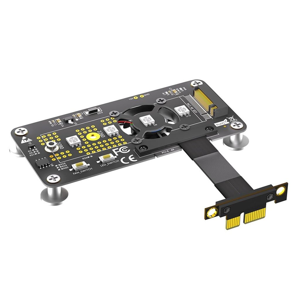 JMT M.2 NGFF M-Key to PCI- E 1X 4X Extension Cable Compatible with M.2 NVME SSD with Cooling Fan Automatic Discoloration LED (1X,10CM)
