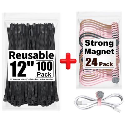 100 Pack Reusable Zip Ties 12" + 24 Pack Magnetic Cable Ties Cat's Paw Design, Great for Bundling and Organizing