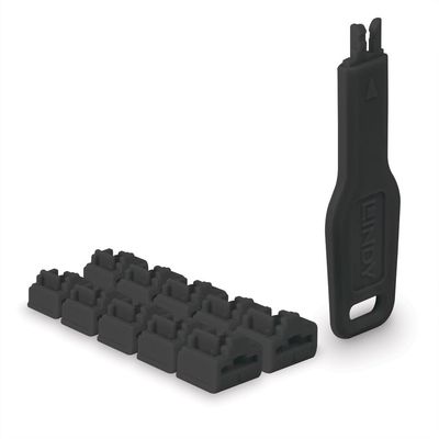 LINDY RJ45 Port Locks (10 Pieces) with Key, Black