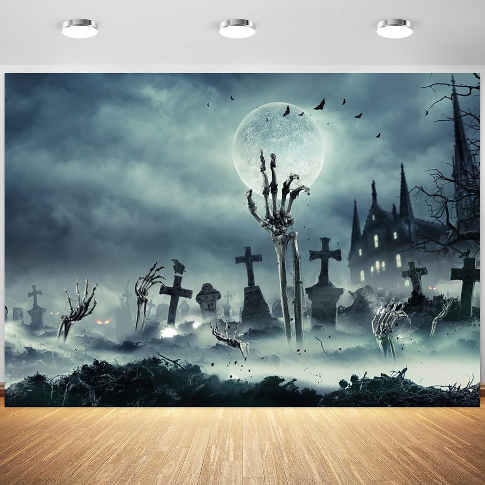 12x8ft Halloween Backdrop Scary Cemetery Full Moon Zombie Castle Photography Background Horror Ghosts Halloween Theme Party Decorations Supplies Photo Booth Props