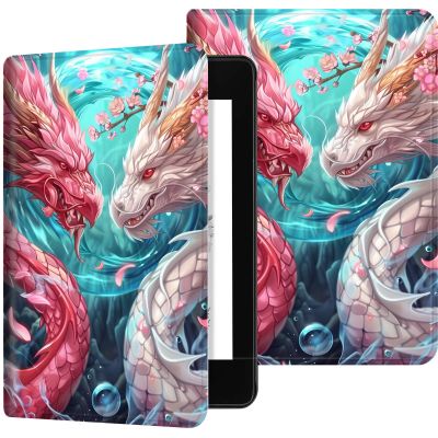 Case for 6.8" Kindle Paperwhite (11th Generation 2024/2023/2021), PU Leather Kindle Case Adjustable Stand with Auto Sleep/Wake Cover for Kindle Paperwhite Signature Edition, Pink White Dragon