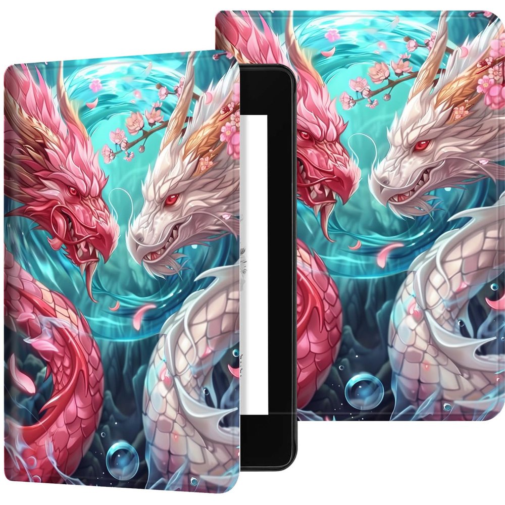 Case for 6.8" Kindle Paperwhite (11th Generation 2024/2023/2021), PU Leather Kindle Case Adjustable Stand with Auto Sleep/Wake Cover for Kindle Paperwhite Signature Edition, Pink White Dragon