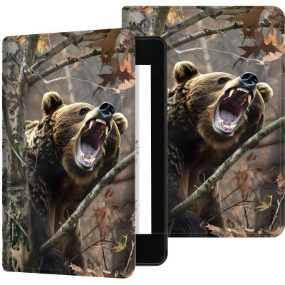 PU Leather Kindle Case for 6.8" Kindle Paperwhite (11th Gen), Adjustable Stand with Auto Sleep/Wake Cover - Camouflaged Tree Bear