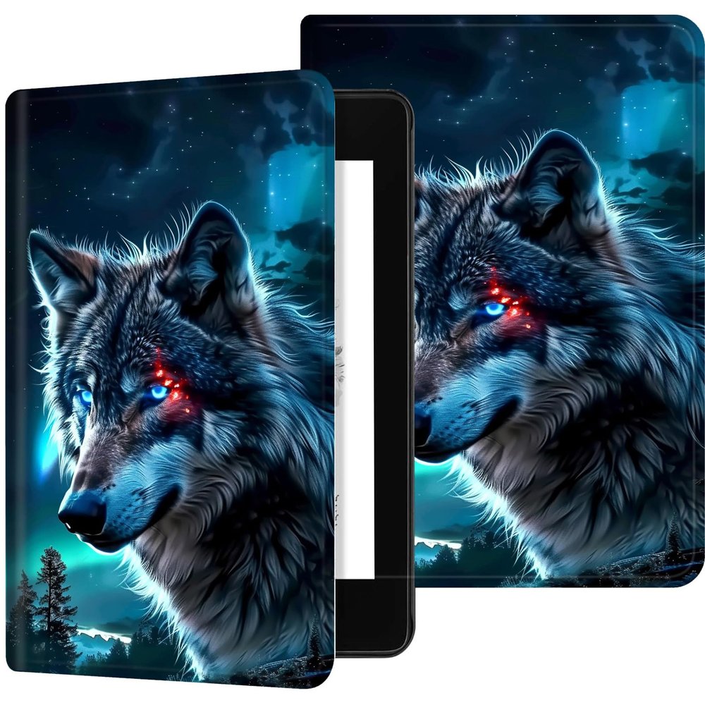 Case for 6.8" Kindle Paperwhite (11th Generation 2024/2023/2021), PU Leather Kindle Case Adjustable Stand with Auto Sleep/Wake Cover for Kindle Paperwhite Signature Edition, Angry Blue Wolf