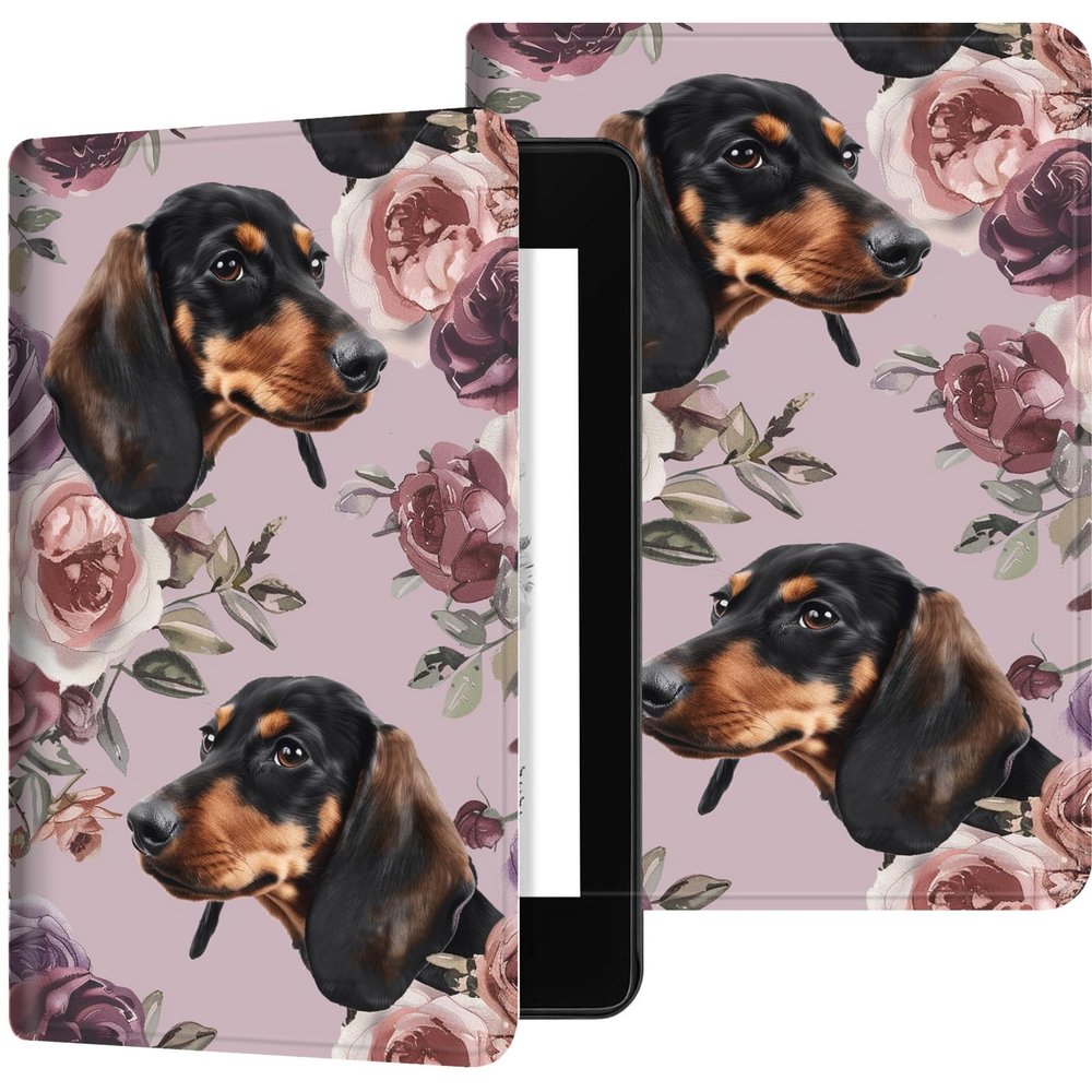 AIRWEE Case for 6.8"" Kindle Paperwhite (11th Generation 2024/2023/2021), PU Leather Kindle Case Adjustable Stand with Auto Sleep/Wake Cover for Kindle Paperwhite Signature Edition, Black Dog Flower