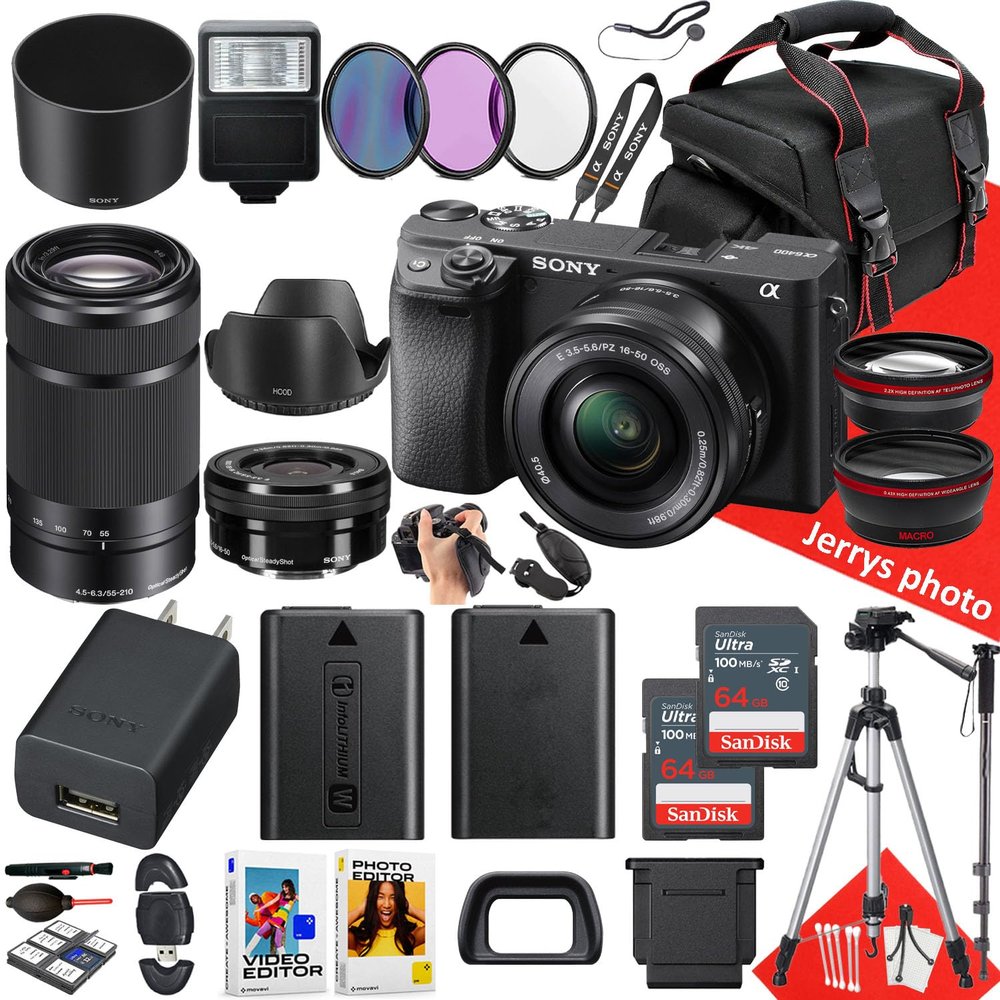 Sony a6400 Mirrorless Camera with Sony E PZ 16-50mm F/3.5-5.6 OSS Lens and Sony E 55-210mm f/4.5-6.3 OSS + 2PC 64 GB Memory + Spider Tripod + Case + Extra Battery + More (36pc Bundle) (Renewed)