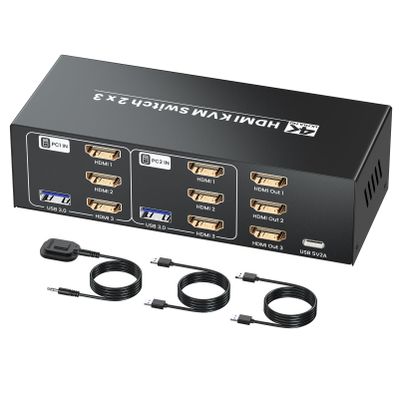 4K/60Hz HDMI KVM Switch 2 Computers 3 Monitors, 2 Port HDMI KVM Switcher 2 in 3 Out for 2 PC Share 3 Monitors and 4 USB 3.0 Ports, Support Copy Mode/Extended Mode, Two Switching Modes