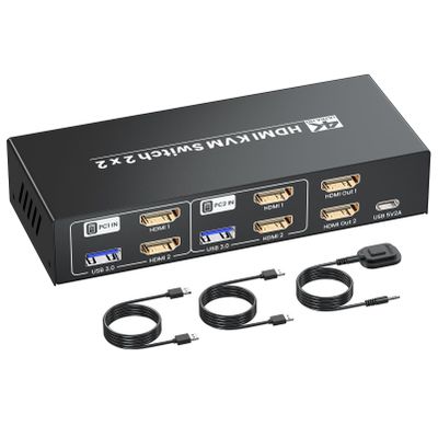 HDMI KVM Switch 2 Minitors 2 Computers, USB 3.0 4K@60Hz Dual Monitor HDMI KVM Switch 2 in 2 Out for 2 PC Share 2 Monitors and 1 Set of Keyboard Mouse and Other USB Devices, Copy Mode & Extended Mode