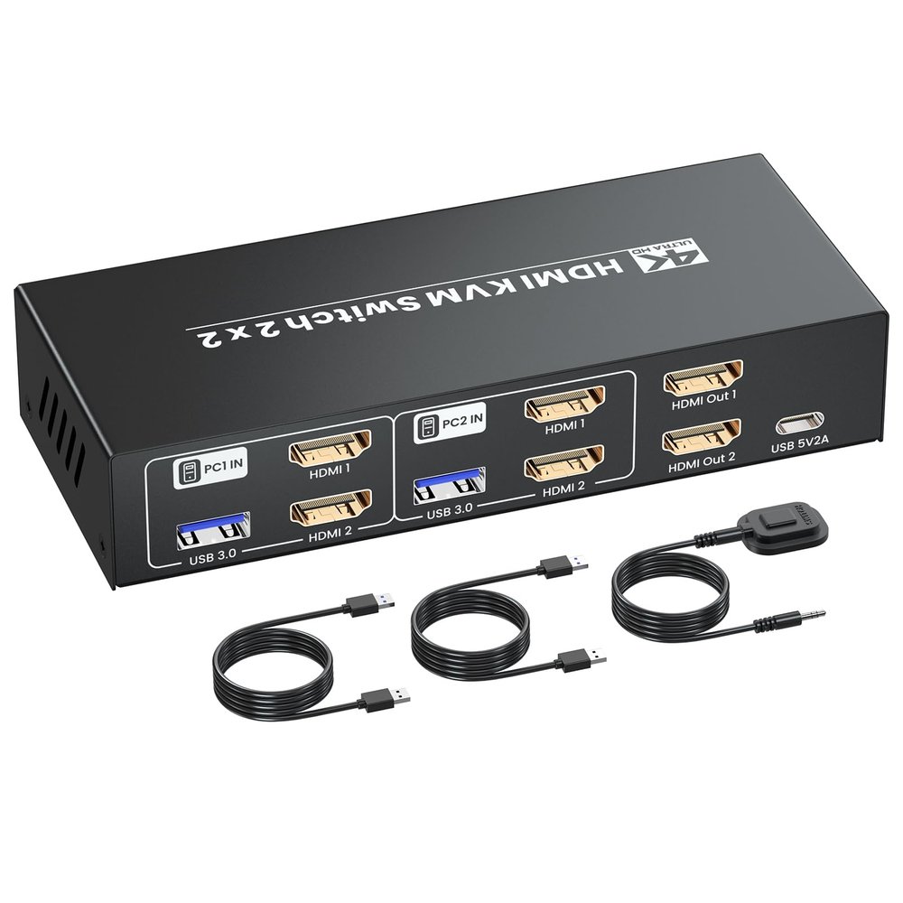 HDMI KVM Switch 2 Minitors 2 Computers, USB 3.0 4K@60Hz Dual Monitor HDMI KVM Switch 2 in 2 Out for 2 PC Share 2 Monitors and 1 Set of Keyboard Mouse and Other USB Devices, Copy Mode & Extended Mode