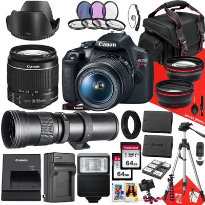 Canon EOS Rebel T7 DSLR Camera with Canon EF-S 18-55mm f/3.5-5.6 is II and 420-800mm f/8.3 HD Telephoto Zoom Lens + 128 GB Memory + Filters + Tripod + More (33pc Bundle), Black (Renewed)