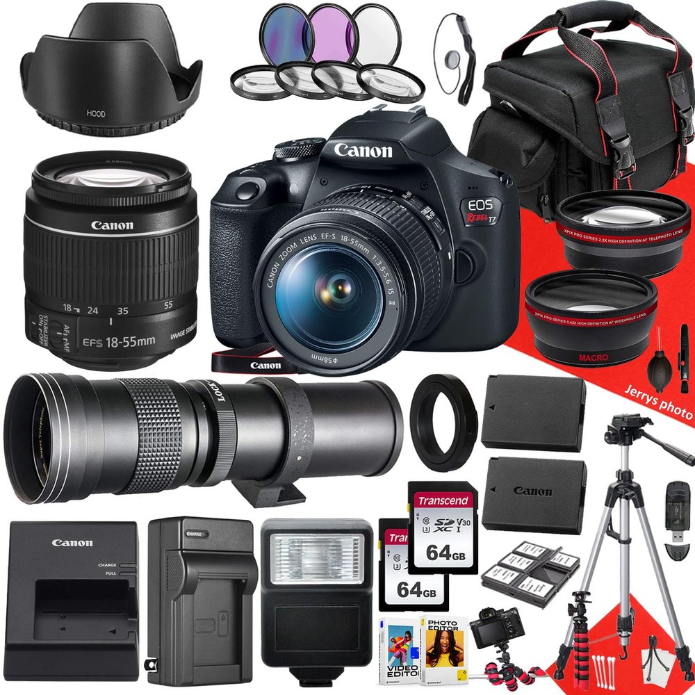 Canon EOS Rebel T7 DSLR Camera with Canon EF-S 18-55mm f/3.5-5.6 is II and 420-800mm f/8.3 HD Telephoto Zoom Lens + 128 GB Memory + Filters + Tripod + More (33pc Bundle), Black (Renewed)