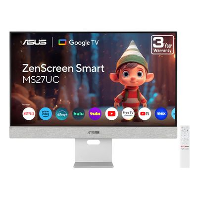 ASUS ZenScreen 27 4K USB-C Smart Monitor (MS27UC) - UHD (3840 x 2160) IPS, 99% sRGB, GoogleTV, Harman Kardon Speakers, USB-C 90W PD, USB Hub, Wireless Display, Netflix and YouTube, 3 yr Warranty