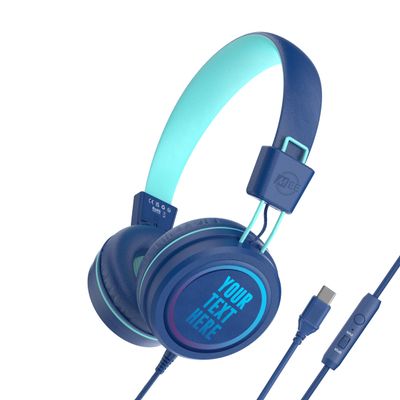 MEE audio KidJamz KJ55 Personalized USB-C Safe Listening Wired Headphones for Kids with Custom LED-Backlit Design, Volume Limiter, & Microphone for iPhone 15, iPad, & USB Type C Devices (Blue)
