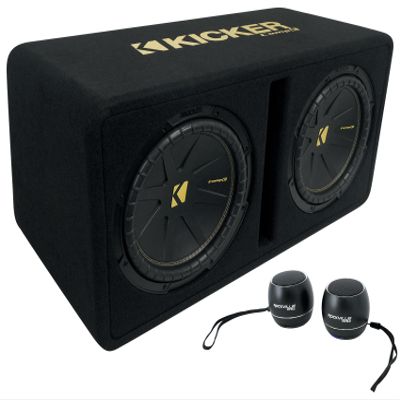 Audiosavings Bundle: Kicker 50DCWC122 CompC Dual 12" Subwoofers in Vented Sub Enclosure Bundled with Pair Rockville RPB3-BLACK Handheld Wireless Linking Portable Bluetooth Speakers (2 Items)