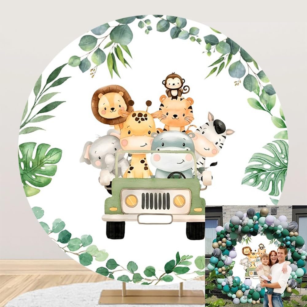 OERJU Safari Round Backdrop Cover Jungle Safari Baby Shower Round Backdrop Safari Animals Truck Theme Birthday Baby Shower Party Decoration Photography Background Kids Boy Arch Photo Booth Props 7.5ft