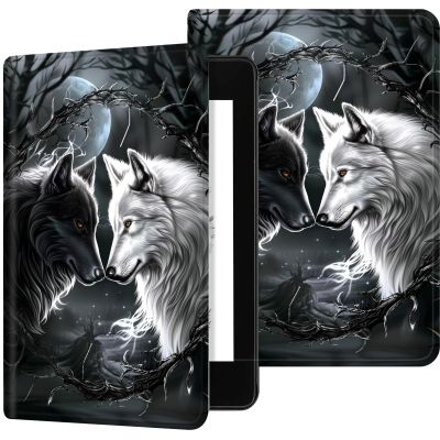 Case for 6" All-New Kindle (11th Generation, 2022 Release),Slim PU Leather Kindle 2022 E-Reader Adjustable Stand with Auto Sleep/Wake Smart Cover for Amazon Kindle Case 6 inch,White Black Wolf