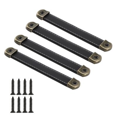 WsidQokfn Retro Drawer Handle,4 Pcs Vintage Leather Handles Furniture Kitchen Drawer Pull Cabinet Door Handle Retro Handmade Leather Handles 160mm(Black,128mm)