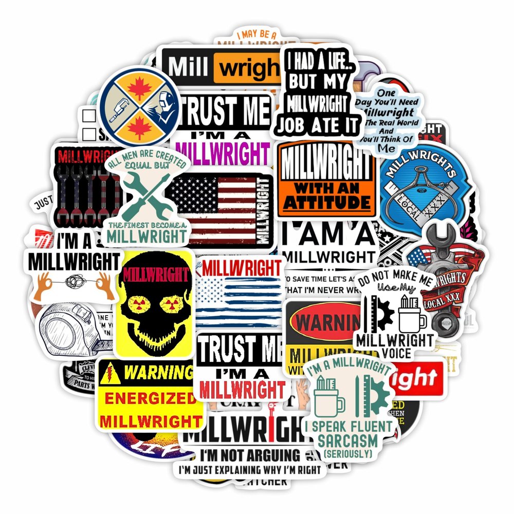 100Pcs Millwright Stickers for Hard Hat for Water Bottle and Laptop - Millwright Party Favors & Decorations, Waterproof Vinyl Decals, Trade and Work Stickers