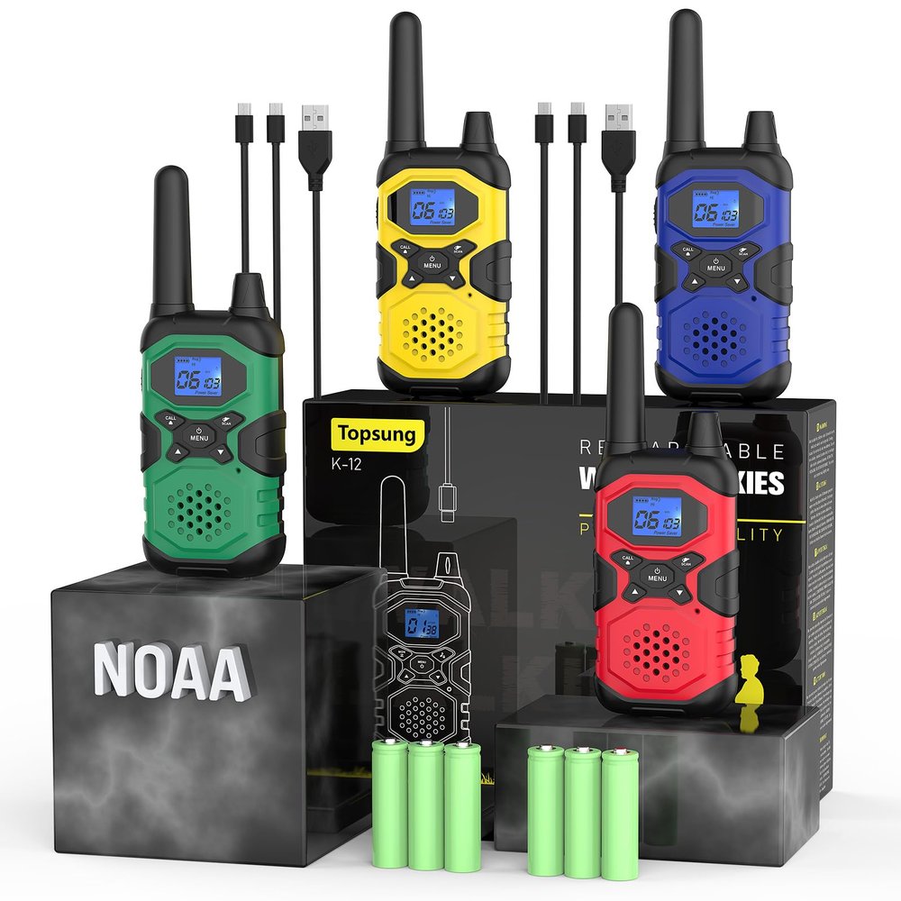 Topsung Walkie Talkies for Adults Rechargeable Long Range 4 Pack, Family 2 Way Radio NOAA Walkie-Talkies with USB Cable 4500mAh Battery Lanyard for Farm Warehouse Working Camping Hiking Skiing Cruise