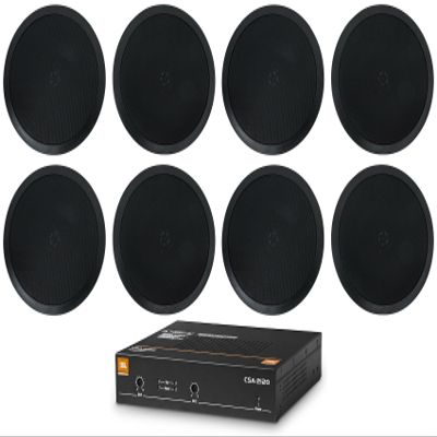 Audiosavings Bundle: (1) JBL CSA 2120 2 x 120w 2-Channel Power Amplifier Commercial Amp 4 Restaurant/Bar Bundle with (8) Pair Rockville HC85-16 Black 8" 700 Watt in-Ceiling Speakers 16 Ohm (9 Items)