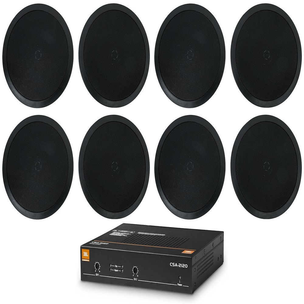 Audiosavings Bundle: (1) JBL CSA 2120 2 x 120w 2-Channel Power Amplifier Commercial Amp 4 Restaurant/Bar Bundle with (8) Pair Rockville HC85-16 Black 8" 700 Watt in-Ceiling Speakers 16 Ohm (9 Items)