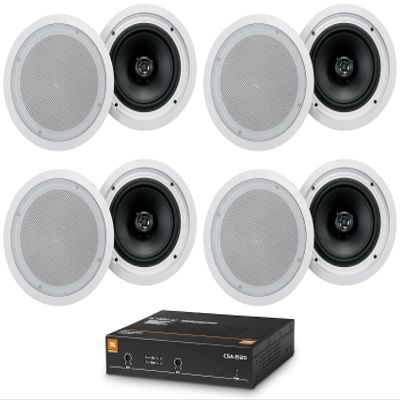 Audiosavings Bundle: (1) JBL CSA 2120 2 x 120w 2-Channel Power Amplifier Commercial Amp 4 Restaurant/Bar Bundle with (8) Pair Rockville HC85-16 White 8" 700 Watt in-Ceiling Speakers 16 Ohm (9 Items)