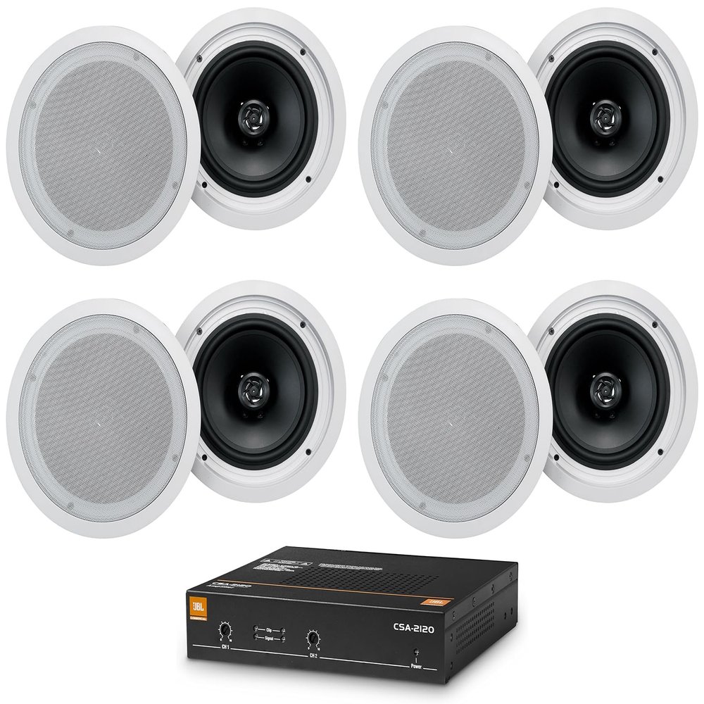 Audiosavings Bundle: (1) JBL CSA 2120 2 x 120w 2-Channel Power Amplifier Commercial Amp 4 Restaurant/Bar Bundle with (8) Pair Rockville HC85-16 White 8" 700 Watt in-Ceiling Speakers 16 Ohm (9 Items)