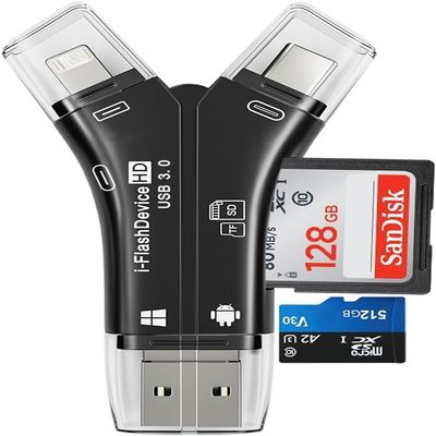 4-in-1 USB 3.0 SD/Micro SD Card Reader for iPhone, iPad, Android, Mac, Computer, Camera, Trail Camera Viewer, Portable Memory Card Reader Adapter for iPhone ipad Charge