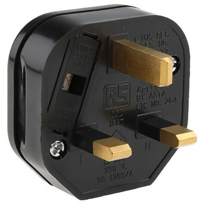 Black UK Power Plug 13A 250VAC Thermoplastic BS1363 with 13A Fuse Cable Mount, Pack of 5, MFR: 854396