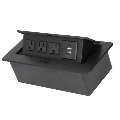 AC125V 10A Recessed Power Socket with Two USB Ports Slow Opening Waterproof Modern Recessed Power Strip Desk Outlet Plug in 3 Outlets for Home Office(26.5cm/10.43in)
