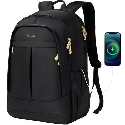 Travel Laptop Backpack for Women 15.6 Inch Computer Backpacks with USB Charging Hole Anti Theft Carry on Bag College Bookbag Large Black Back Pack for Work Business Traveling Commuter Daypack-Black