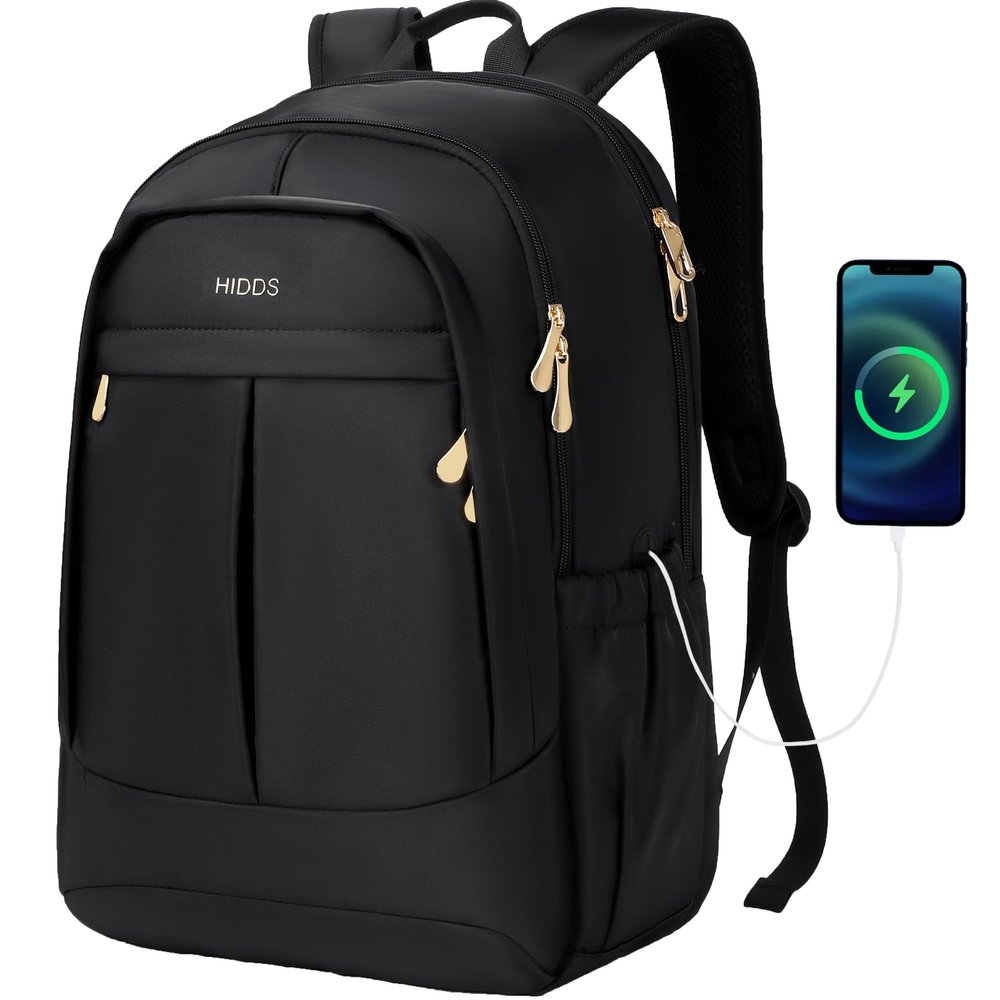 Travel Laptop Backpack for Women 15.6 Inch Computer Backpacks with USB Charging Hole Anti Theft Carry on Bag College Bookbag Large Black Back Pack for Work Business Traveling Commuter Daypack-Black