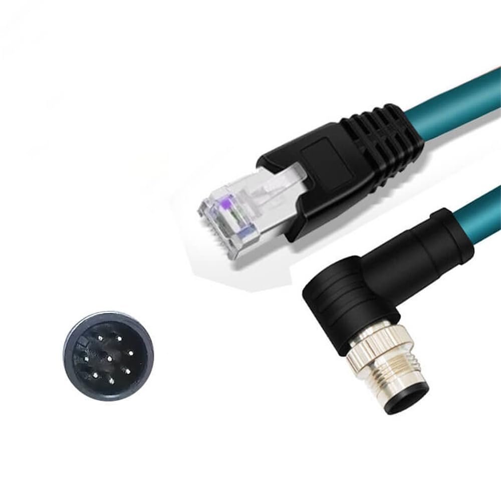 16.4ft M12 8 Pin A Code Right Angled Male to RJ45 Male Industrial Ethernet Cable High Flex Cat6 Shielded Field Wireable Dark Green Cable Assembly for Automation Application 5Meter