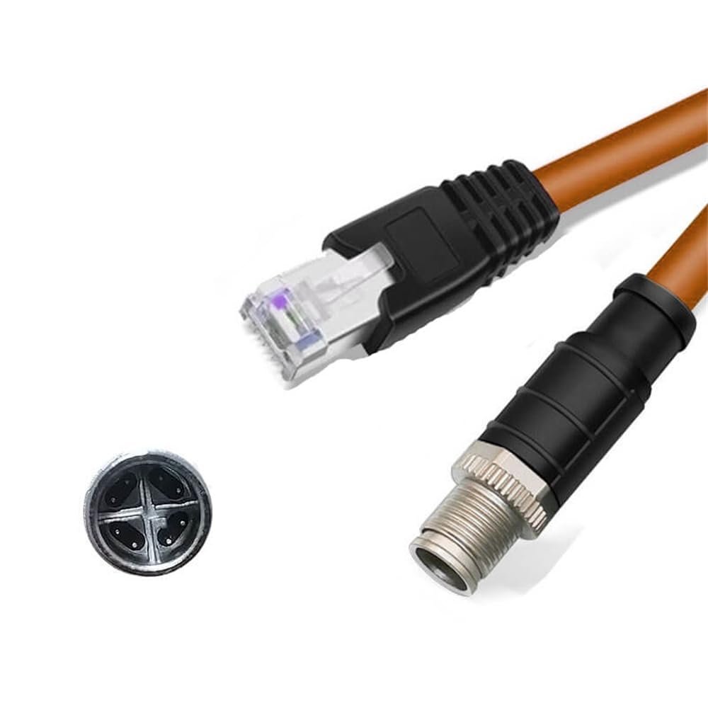 1.64ft M12 8 Pin X Code Male to RJ45 Male Industrial Ethernet Cable High Flex Cat6 Shielded Field Wireable Orange Cable Assembly for Automation Application 50CM