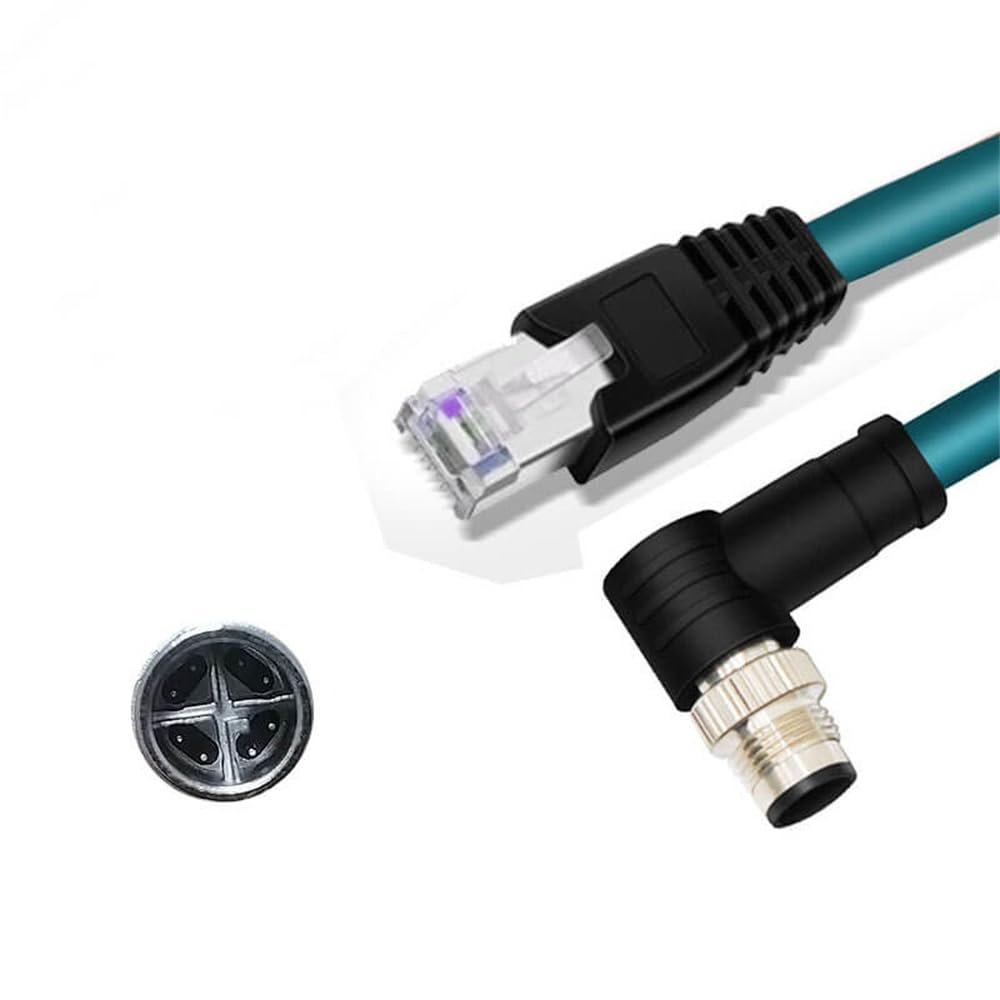 16.4ft M12 8 Pin X Code Right Angled Male to RJ45 Male Industrial Ethernet Cable High Flex Cat6 Shielded Field Wireable Dark Green Cable Assembly for Automation Application 5Meter
