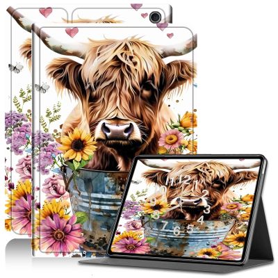 Amazon Kindle Fire HD 10/10 Plus (11th Gen) Adjustable Stand Case with Auto Sleep/Wake - Highland Cow Bucket