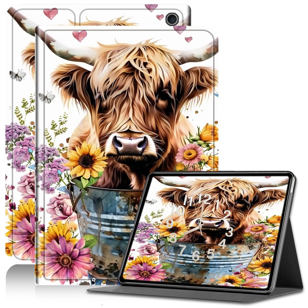 Amazon Kindle Fire HD 10/10 Plus (11th Gen) Adjustable Stand Case with Auto Sleep/Wake - Highland Cow Bucket