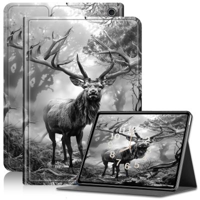 Amazon Kindle Fire HD 10/10 Plus (11th Gen) Adjustable Stand Case with Auto Sleep/Wake - Black/White Deer